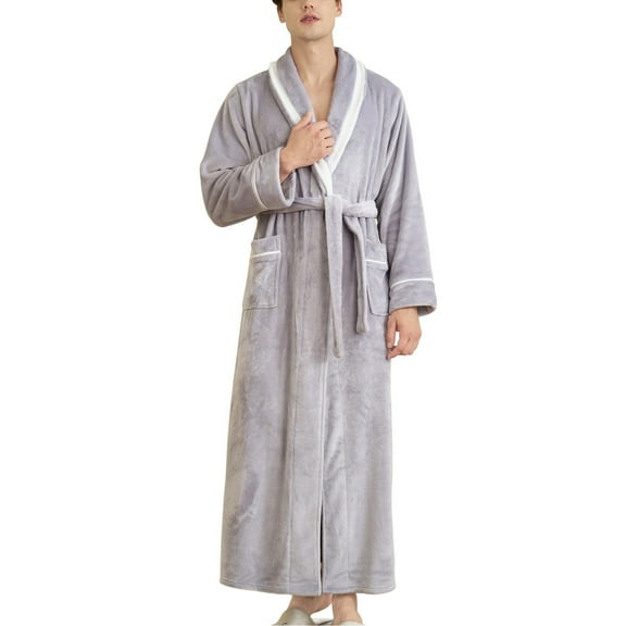 Previn Men's Belt Fleece Bath Robe Ankle Bathrobe Chic Loops Detachable Fall Billowy Home Cold Weather Bathrobes Black Grey Small