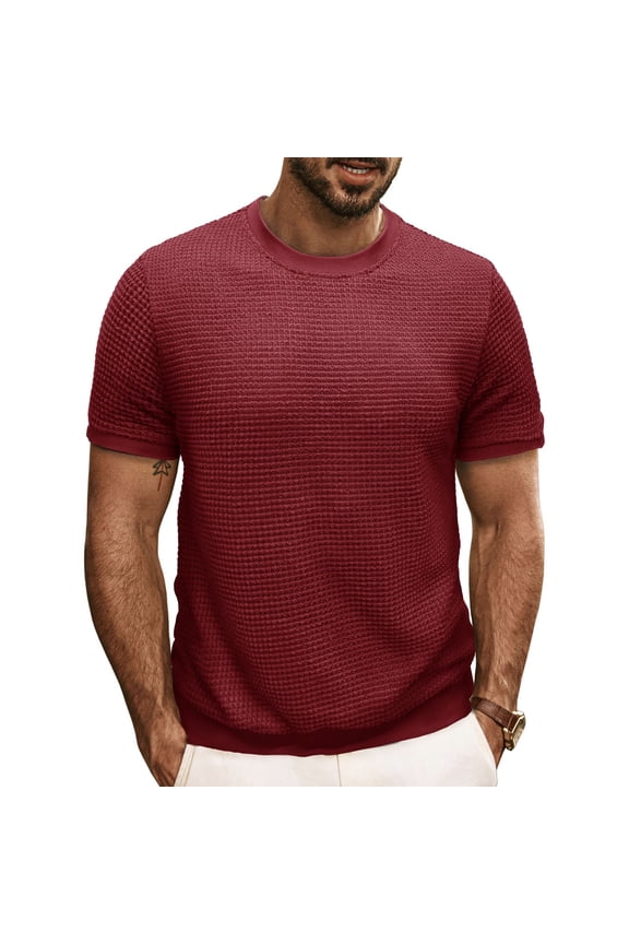 Men's Casual T Shirt Comfy Tee Chic Ribbed Summer Knit Crew Neck Waffle Top Pull On Plus Big And Tall Burgundy X-Large