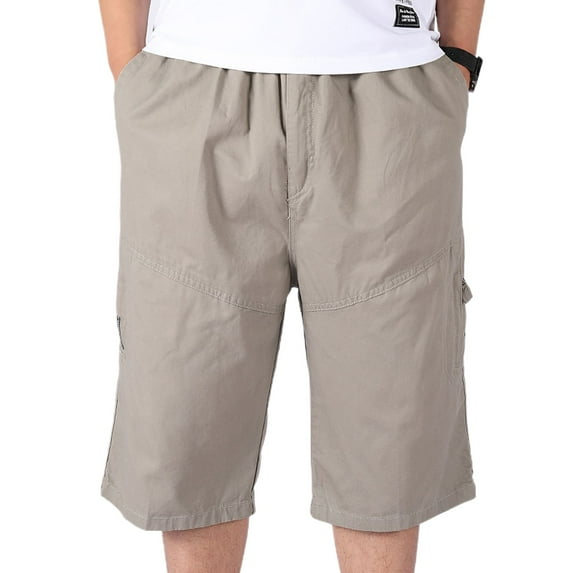 Previn Men's Cotton Cargo Shorts Summer Lounge Bermuda Shorts Knee Length Loose Fit Casual Walk Shorts Elastic Waist Zipper Pockets Light Grey 36