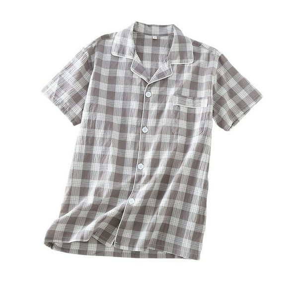 Previn Men's Cotton Pajama Top Soft Sleepwear Short Sleeve V Neck Button Comfy Breathable Pj Shirt Sleep Trendy Loungewear Grey Large