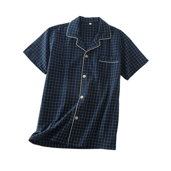 Previn Men's Cotton Pajama Top Soft Sleepwear Short Sleeve V Neck Button Comfy Breathable Pj Shirt Sleep Trendy Loungewear Navy Small