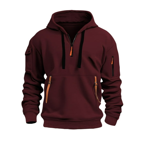 Previn Men's Drawstring Quarter Zip Fashion Hooded Sweatshirt Flap Kangaroo Pocket Ribbed Long Sleeve Cuffs Hoodies Burgundy Small
