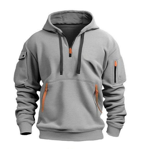 Previn Men's Drawstring Quarter Zip Fashion Hooded Sweatshirt Flap Kangaroo Pocket Ribbed Long Sleeve Cuffs Hoodies Light Grey Medium