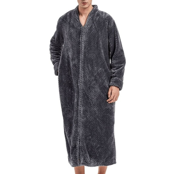 Previn Men's Flannel Robe Long Sleeve Winter Thick Long BathrobeZip Up House Coat Fuzzy Zipper V Neck Fleece Sleepwear Grey Large