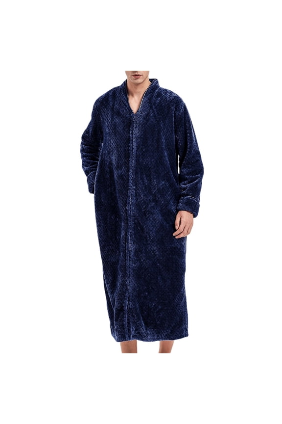 Men's Flannel Robe Long Sleeve Winter Thick Long BathrobeZip Up House Coat Fuzzy Zipper V Neck Fleece Sleepwear Navy Large