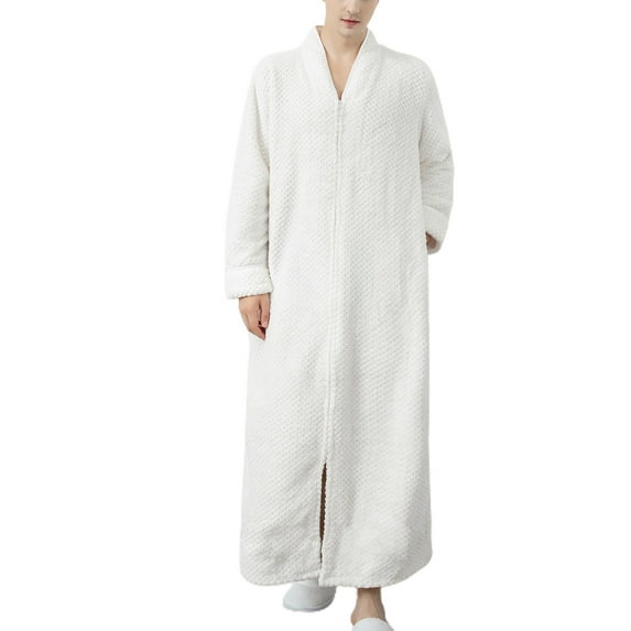Previn Men's Flannel Robe Long Sleeve Winter Thick Long BathrobeZip Up House Coat Fuzzy Zipper V Neck Fleece Sleepwear White Small-Medium