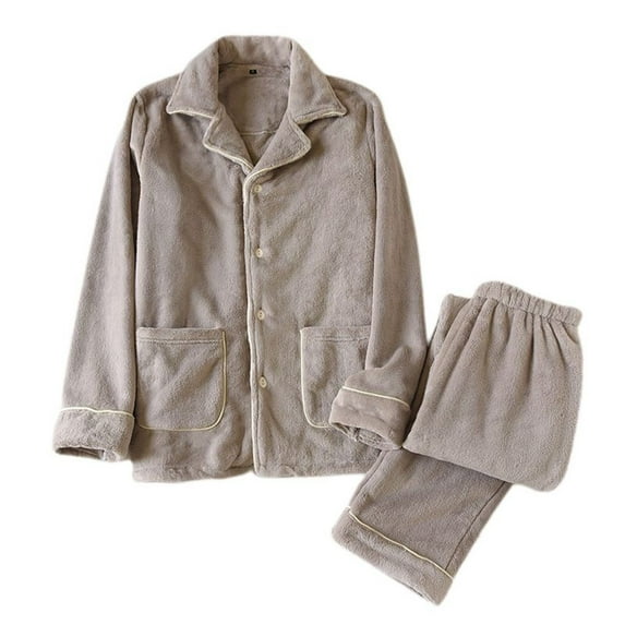 Previn Men's Fuzzy Pajamas Set Long Sleeve Fleece Warm Fall Thick Winter Sleeping Pj Set Plush Lounge Soft Button Down Lounge Set Khaki Small