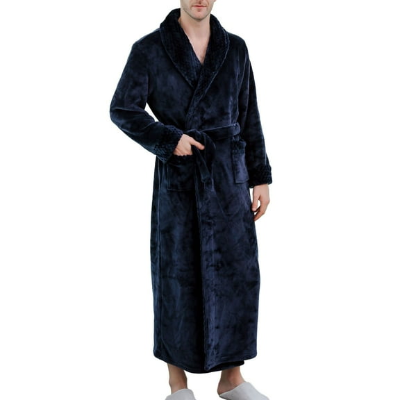 Previn Men's Fuzzy Robe Soft Warm Fleece Plush Bathrobe Full Length Thick V Neck Long Sleeve Winter Pocket Navy Large