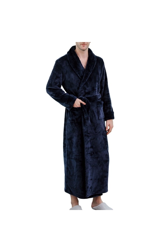 Men's Fuzzy Robe Soft Warm Fleece Plush Bathrobe Full Length Thick V Neck Long Sleeve Winter Pocket Navy Large