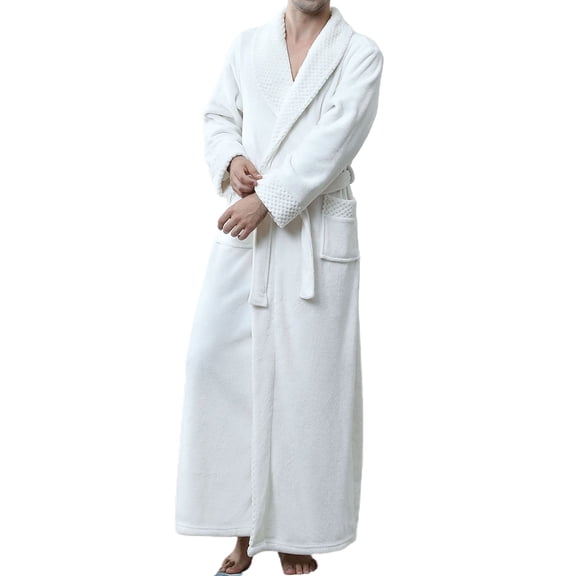 Previn Men's Fuzzy Robe Soft Warm Fleece Plush Bathrobe Full Length Thick V Neck Long Sleeve Winter Pocket White Large