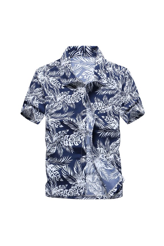 Men's Hawaiian Shirt Slim Fit Button Down Shirt Beach Fall Fashion Short Sleeve Spring Aloha Button Up Shirt Navy Medium