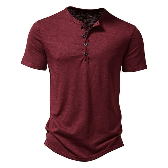 Previn Men's Henley Shirt Short Sleeve T Shirt Soft Slim Fit Cotton Beach Top Fall Button Summer Cool Lightweight Burgundy Large