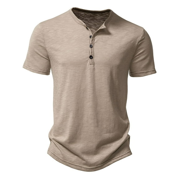 Previn Men's Henley Shirt Short Sleeve T Shirt Soft Slim Fit Cotton Beach Top Fall Button Summer Cool Lightweight Khaki Medium