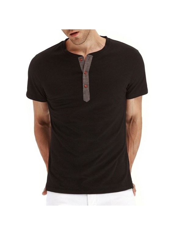 Men's Henley Tshirt Cotton Tops Short Sleeve Thin Summer Comfy Fall Classic Basic Soft Casual T-shirt Black Medium