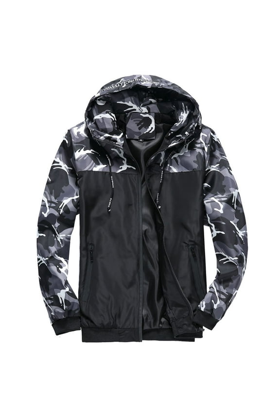 Men's Hooded Zip Up Windbreaker WinterZipper Jacket Long Sleeve Snow Casual Spring Fall Cozy Windproof Jackets Grey Large