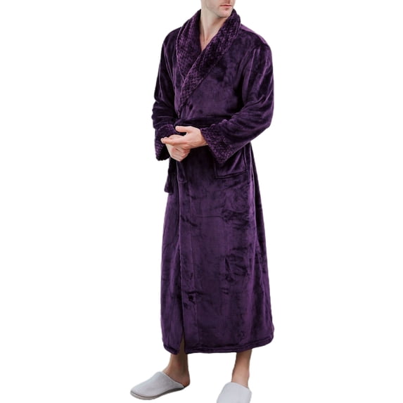 Previn Men's Long Robe Solid Fuzzy Fleece Bath Robes Plush Long Sleeve Winter Warm Shawl Collar Bathrobe Comfy Plush Bathrobe with Pockets Purple Large