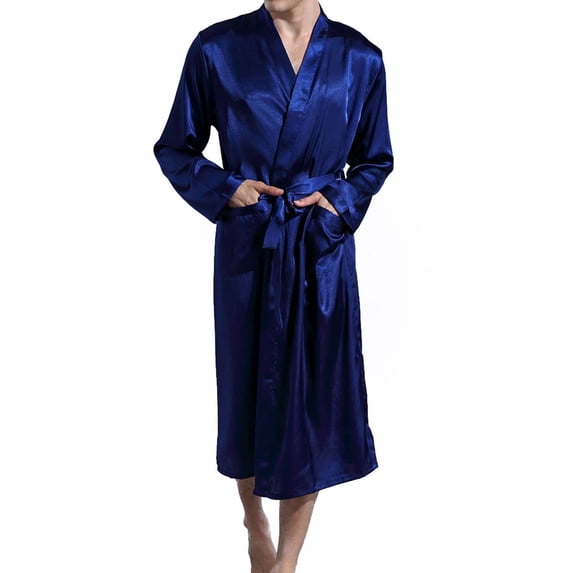 Previn Men's Long Sleeve Bathrobe Long Robe Satin Lightweight Valentine's Day Halloween Soft Spring V Neck Comfy Thin Pjs Blue Medium