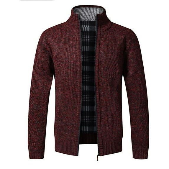 Previn Men's Long Sleeve Cardigan Sweater Zip Up Fleece Lined Top Soft Mock Neck Winter Knitted Full Zip Knitwear Burgundy X-Small