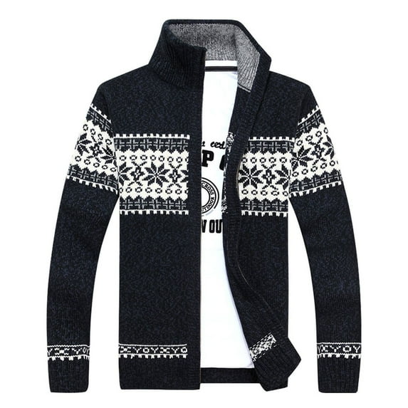 Previn Men's Long Sleeve Sweater Norwegian Winter Top Soft Full Zipper Sweater Knitted Vintage Zip Up High Neck Knit Jackets & Coats Printed Slim Fit Dark Blue Medium