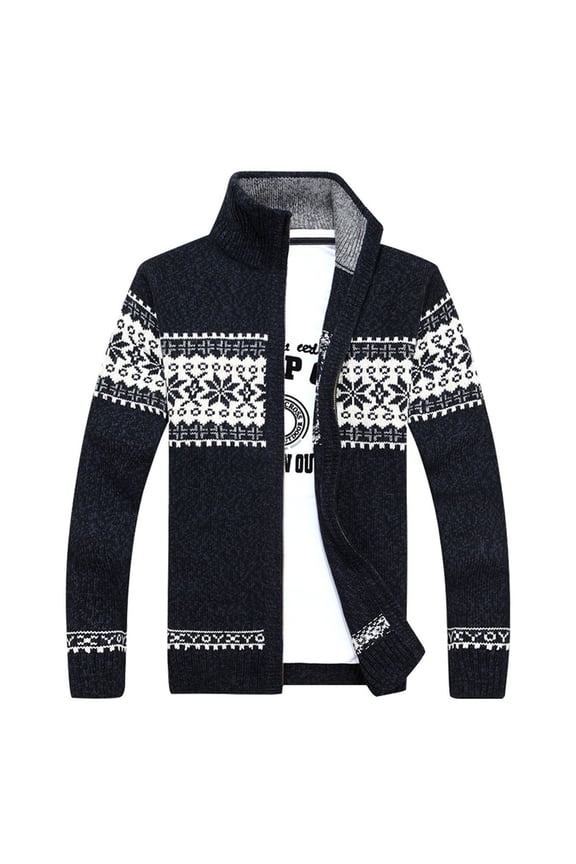 Men's Long Sleeve Sweater Norwegian Winter Top Soft Full Zipper Sweater Knitted Vintage Zip Up High Neck Knit Jackets & Coats Printed Slim Fit Dark Blue Large