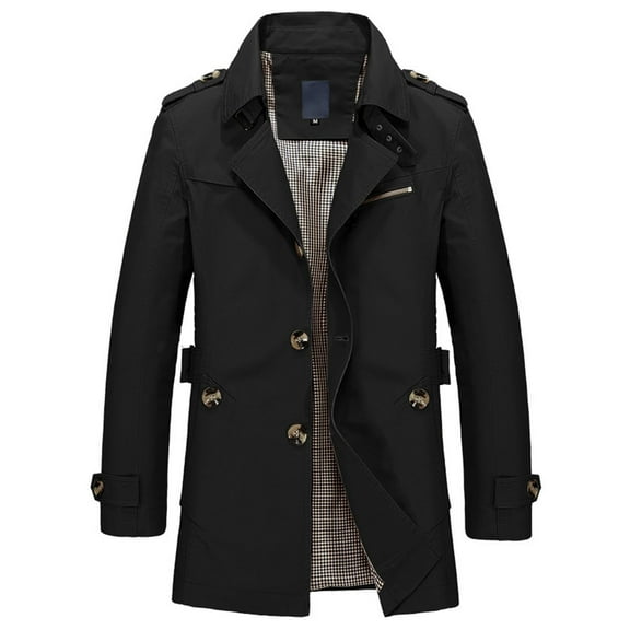 Previn Men's Long Sleeve Trench Coats Cotton Topcoat Jackets Spring Fashion Soft Casual Pocket Belted Military Pea Top Coat Black Medium