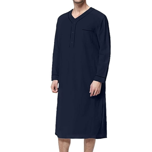 Previn Men's Nightshirt 100 Cotton Night Shirt Button Spring Fall Sleepwear Soft Nightgown for Sleeping Long Sleeve Henley Neck Nightgown Knee Length Loose Sleep Shirt Navy Small