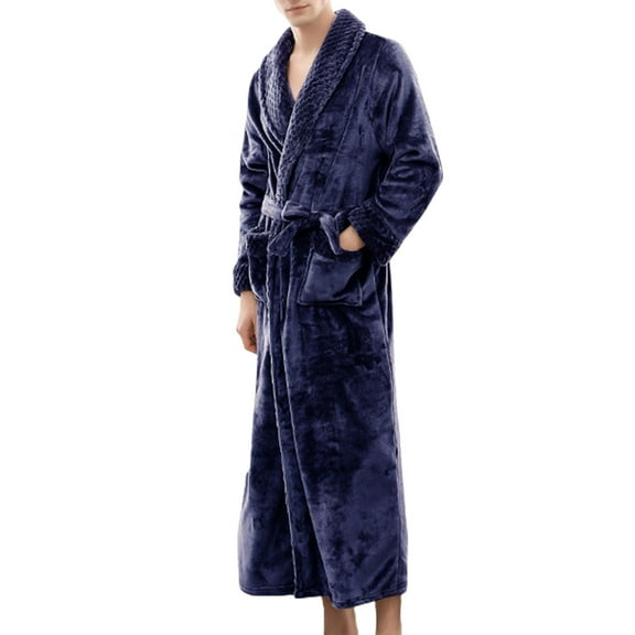 Previn Men's Plush Robe Soft Long Sleeve Long Winter Warm Flannel Loose Fit Fuzzy Fleece Bathrobe Luxury Fall Navy Large-X-Large