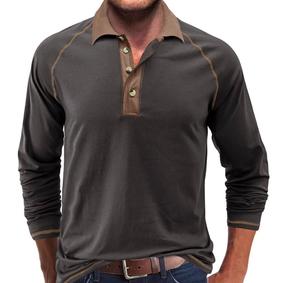 Previn Men's Polo Shirt Cotton Fashion Soft Top Button Fall Winter Blouse Date Night Long Sleeve Fall Casual Slimming Dark Grey Large