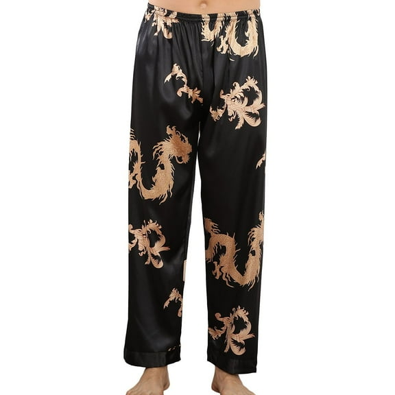 Previn Men's Satin Pajamas Pants Soft Sleep Pj Bottoms Spring Summer Lightweight Thin Lounge Printed Cool Casual Sleepwear Black Medium