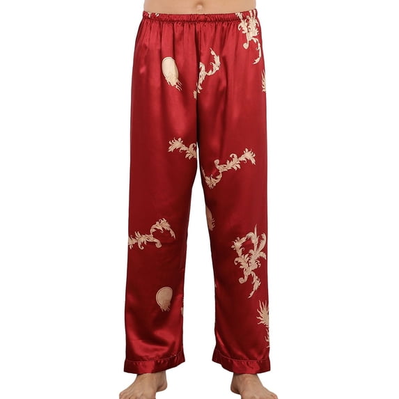 Previn Men's Satin Pajamas Pants Soft Sleep Pj Bottoms Spring Summer Lightweight Thin Lounge Printed Cool Casual Sleepwear Red X-Large
