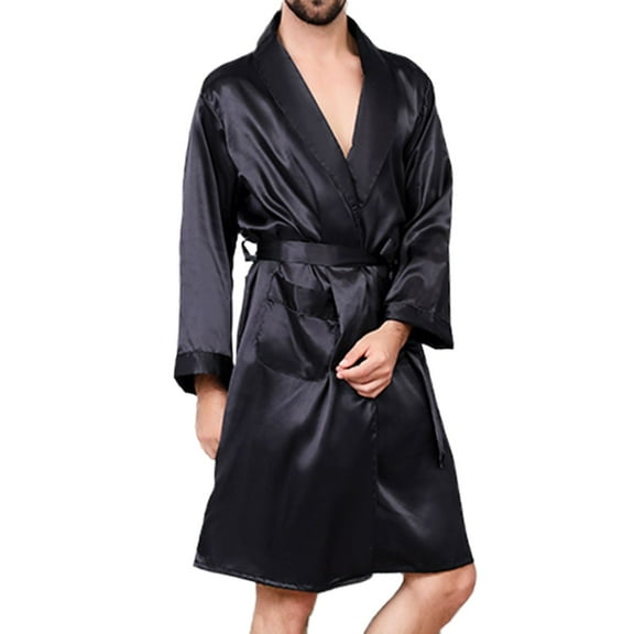 Previn Men's Satin Robe 2 Piece Long Sleeve Luxury Pajamas Shorts Valentine's Day HalloweenThin V Neck Bathrobe Lightweight Comfy Cool Black Medium