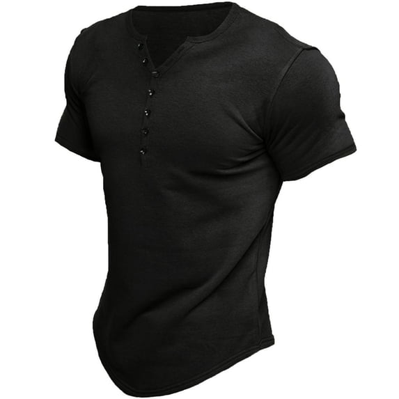 Previn Men's Short Sleeve Henley T Shirt Cotton T Shirt Summer Fashion Spandex Basic Fitted V Neck Tee Black Medium