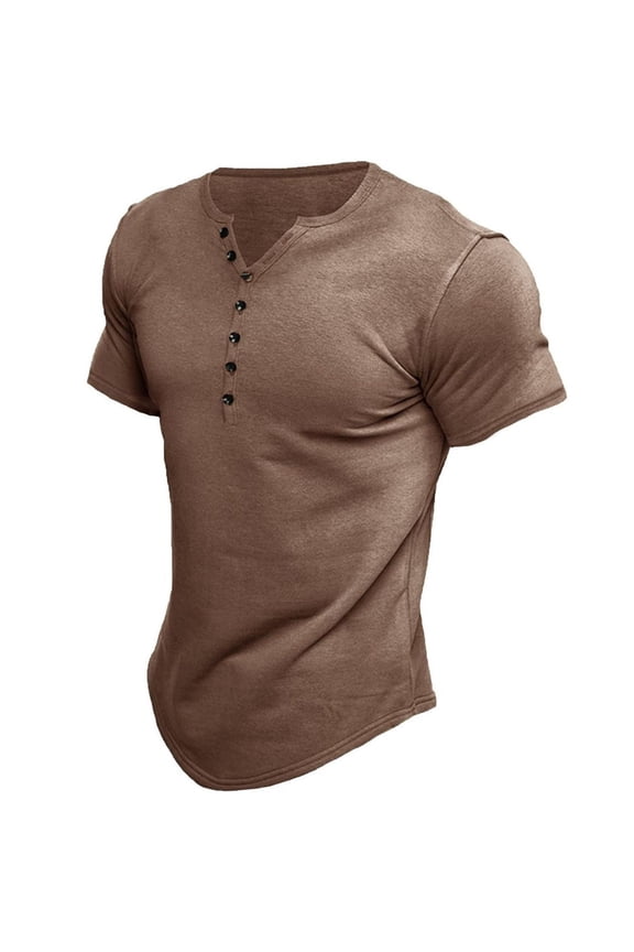 Men's Short Sleeve Henley T Shirt Cotton T Shirt Summer Fashion Spandex Basic Fitted V Neck Tee Brown Medium