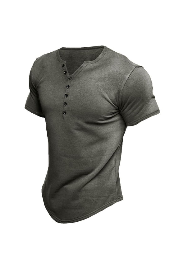 Men's Short Sleeve Henley T Shirt Cotton T Shirt Summer Fashion Spandex Basic Fitted V Neck Tee Grey Medium