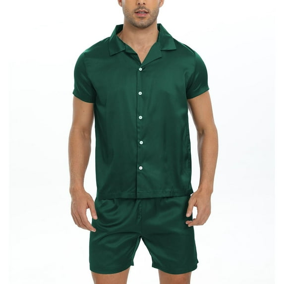 Previn Men's Short Sleeve Pajama Set Summer Shorts Sleepwear Soft Fall Satin Lightweight Printed 2 Piece Lounge Spring Pjs Green Large