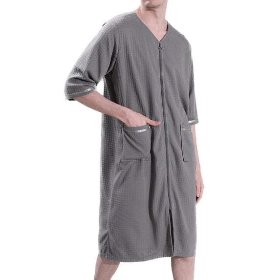 Previn Men's Soft House Coat Waffle Robe Zipper Summer Loose Bathrobe Fall Long Zip Up 3/4 Sleeve Housecoat Cool Knee Length Grey Small-Medium