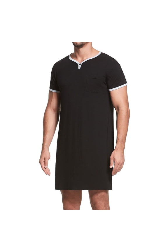 Men's Soft Summer Robe Bath V Neck Sleep Shirt Spring Comfy Short Sleeve Nightshirt Long Loose Pjs Black Small