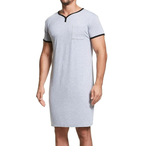 Previn Men's Soft Summer Robe Bath V Neck Sleep Shirt Spring Comfy Short Sleeve Nightshirt Long Loose Pjs Grey XX-Large