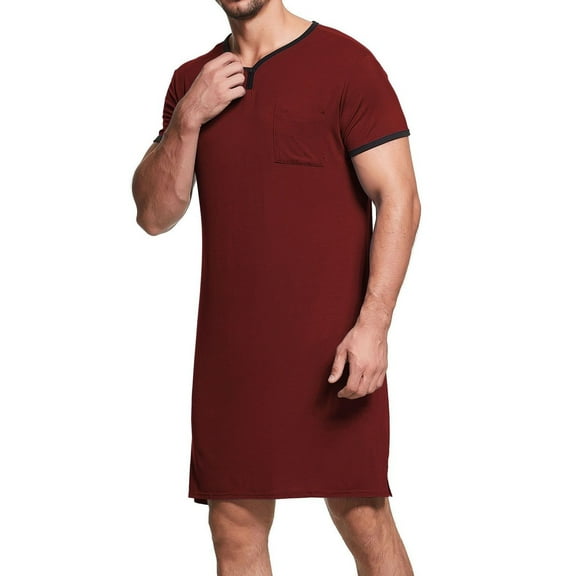 Previn Men's Soft Summer Robe Bath V Neck Sleep Shirt Spring Comfy Short Sleeve Nightshirt Long Loose Pjs Red Small