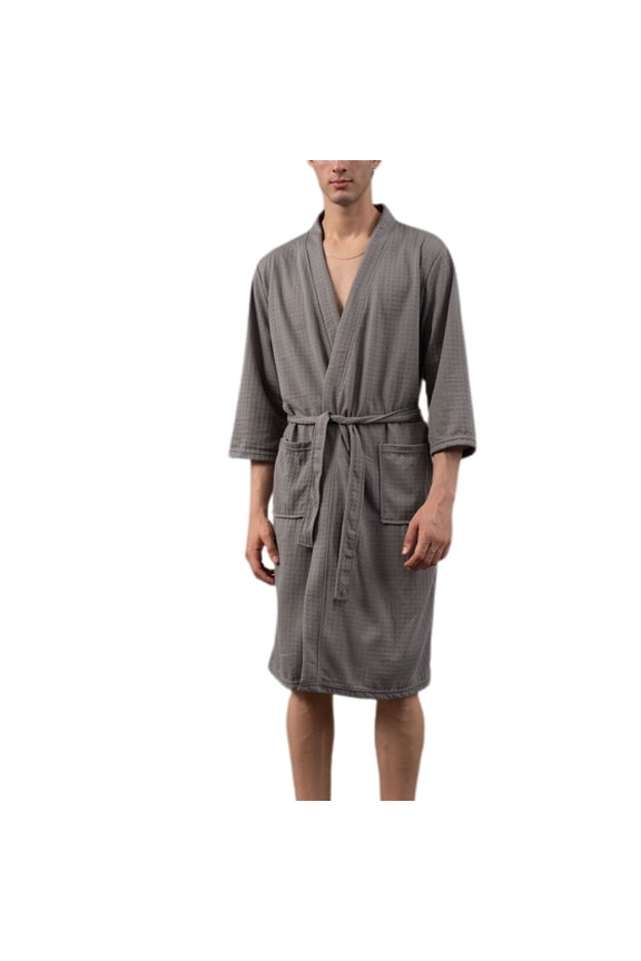Men's Soft Waffle Bath Robe 3/4 Sleeve Bathrobe with Pockets V Neck Fall Knee Length Slim Fit Holiday Belt Sleepwear Grey Large