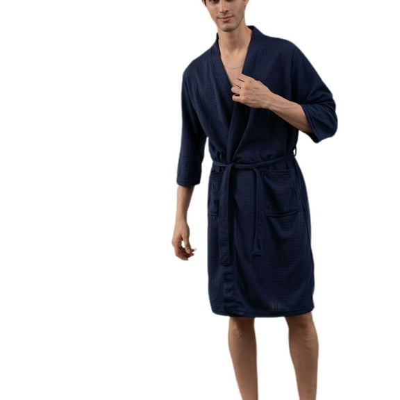 Previn Men's Soft Waffle Bath Robe 3/4 Sleeve Bathrobe with Pockets V Neck Fall Knee Length Slim Fit Holiday Belt Sleepwear Navy Large