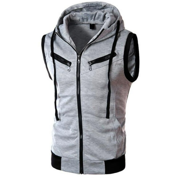 Previn Men's Vest Hoodies Soft Hooded Cotton Sleeveless Summer Fall Zip Up Drawstring Spring Casual Workout Gym Tank Top Light Grey X-Large