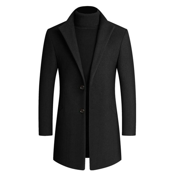 Previn Men's Wool Coat Long Sleeve Band Collared Topcoats Winter Warm Business Casual Fall Top Coats Work Soft Pocket Classic Slim Fit Pea Coat Black X-Small