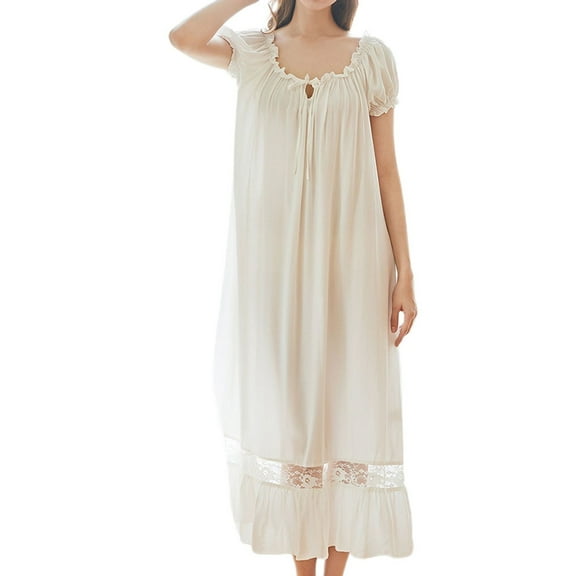 Previn Women's Princess Nightgown Short Sleeve Victorian Vintage Night Dress Cotton Fall Long Sleep Dress Comfy White Large