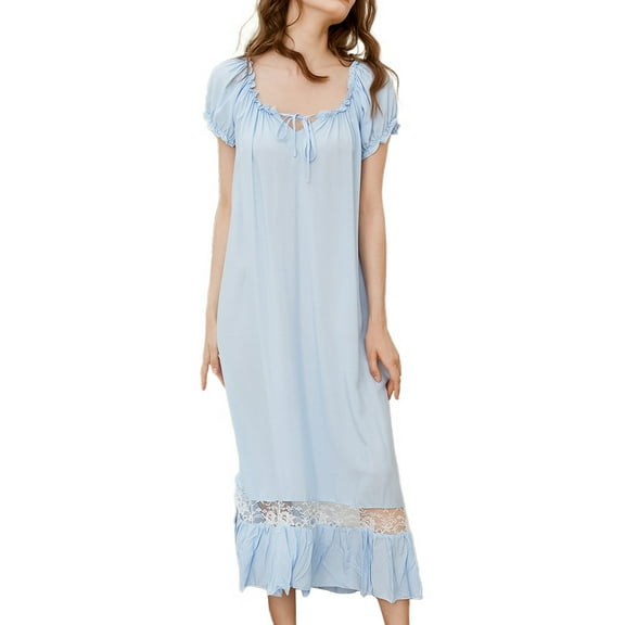 Previn Women's 100 Cotton Victorian Nightgown Soft Tea Length Summer Sleepwear Off Shoulder Sleep Shirt Frilly Billowy Nighty Short Sleeve Long Pajama Dress Light Blue X-Large