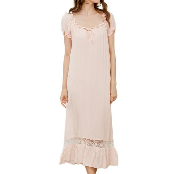 Previn Women's 100 Cotton Victorian Nightgown Soft Tea Length Summer Sleepwear Off Shoulder Sleep Shirt Frilly Billowy Nighty Short Sleeve Long Pajama Dress Pink Large