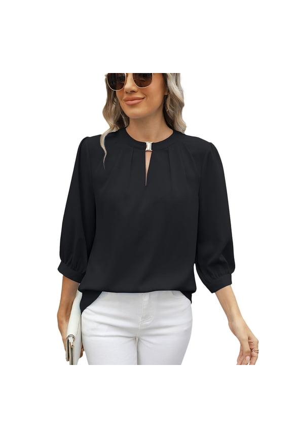 Women's 3/4 Sleeve Blouse Puff Sleeve Top High Neck Summer Casual Chiffon Half Sleeve Soft Top Black XX-Large
