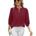 thumbnail image 1 of Previn Women's 3/4 Sleeve Blouse Puff Sleeve Top High Neck Summer Casual Chiffon Half Sleeve Soft Top Burgundy Large, 1 of 5