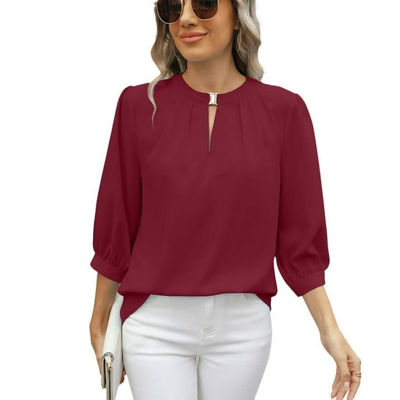 Previn Women's 3/4 Sleeve Blouse Puff Sleeve Top High Neck Summer Casual Chiffon Half Sleeve Soft Top Burgundy X-Large