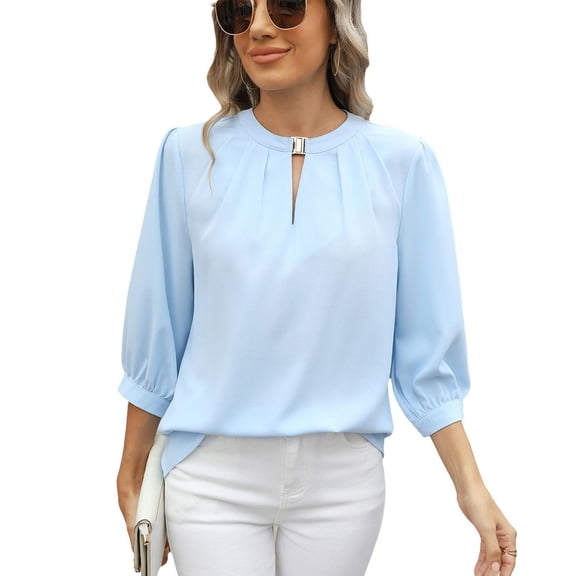 Previn Women's 3/4 Sleeve Blouse Puff Sleeve Top High Neck Summer Casual Chiffon Half Sleeve Soft Top Light Blue Small